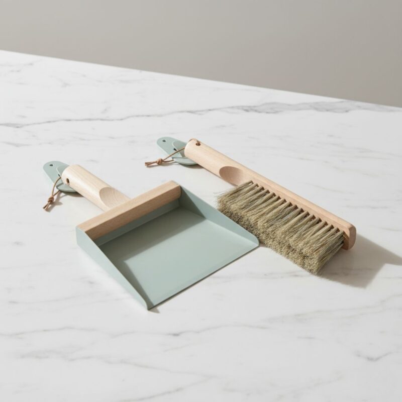 Andree Jardin "Mr & Mrs Clynk" Grey Green NATURAL Hand Brush, Dustpan and Wall Hooks