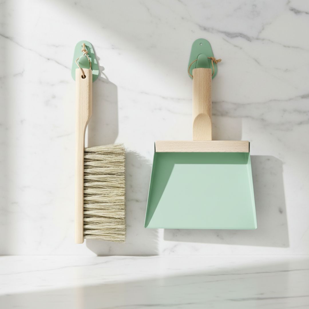 Andree Jardin NATURAL SAGE "Mr & Mrs Clynk"  Hand Brush, Dustpan and Wall Hooks