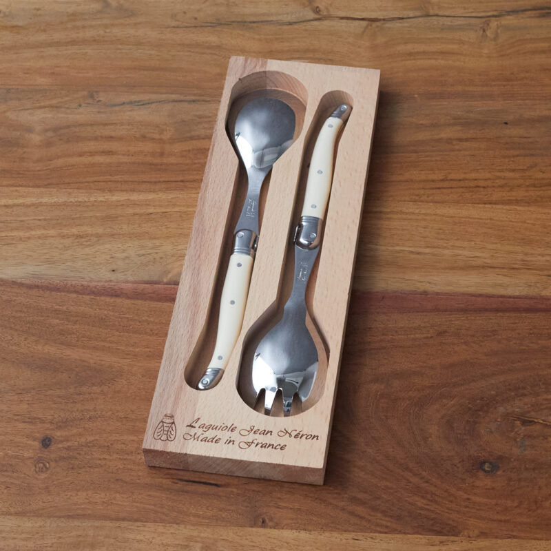 Couverts de Service à Salade Laguiole Ivoire dans Boîte en Bois