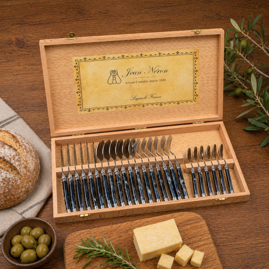 Laguiole 24 Piece Flatware Set, Black Marble in Wood Presentation Box - Image 2