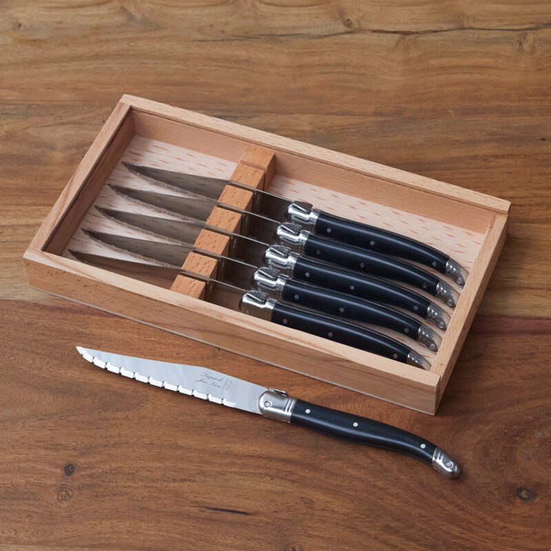 Set de 6 Couteaux à Steak Laguiole, Noir dans Boîte en Bois avec Couvercle en Acrylique
