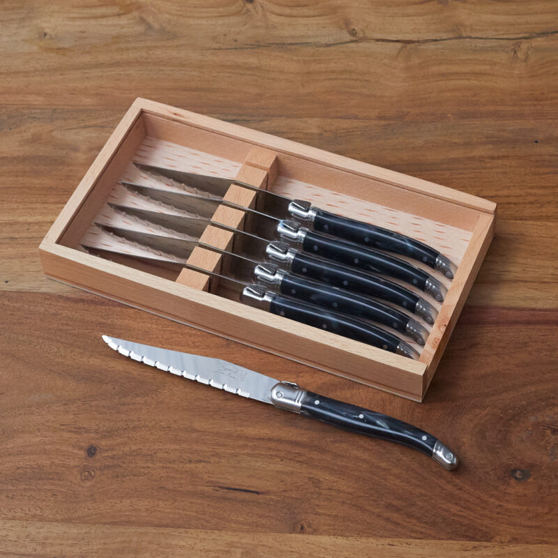 Set de 6 Couteaux à Steak Laguiole, Marbre Noir dans Boîte en Bois avec Couvercle en Acrylique