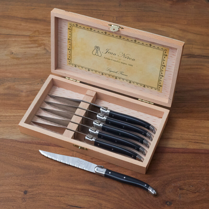 Set de 6 Couteaux à Steak Laguiole, Noir dans Boîte de Présentation en Bois