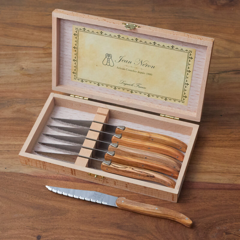 Set de 6 Couteaux à Steak Laguiole, Bois d'Olivier dans Boîte de Présentation en Bois