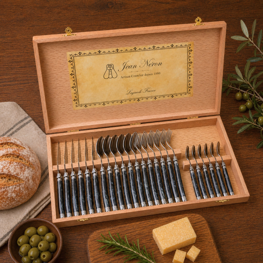 Laguiole 24 Piece Flatware Set, Platine Black Marble in Wood Presentation Box - Image 2