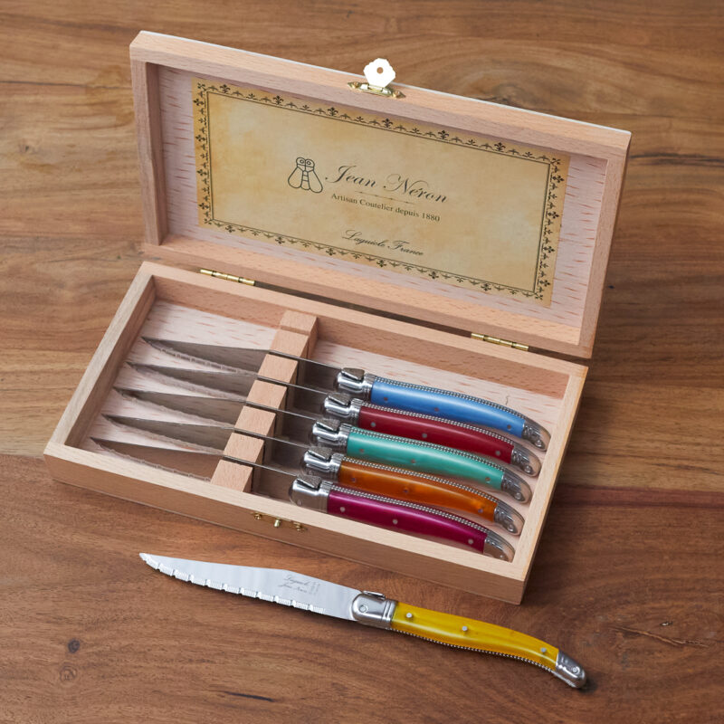 Set de 6 Couteaux à Steak Laguiole, Platine Arc-en-Ciel dans Boîte de Présentation en Bois