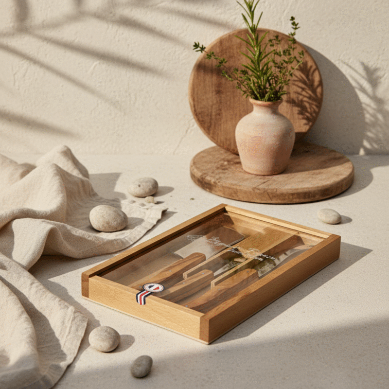 Laguiole 3 Piece Large Cheese Set, Olive Wood in Wood Box with Acrylic Lid
