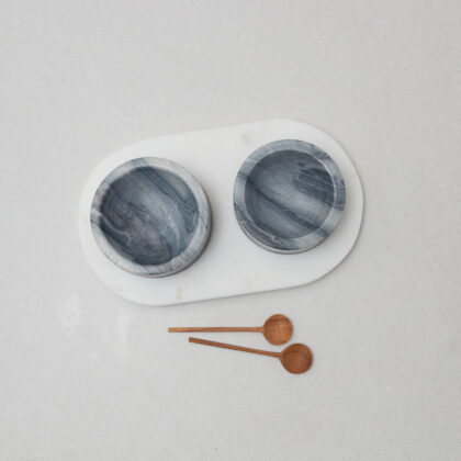 White & Gray Marble Cellars with Spoons & Tray