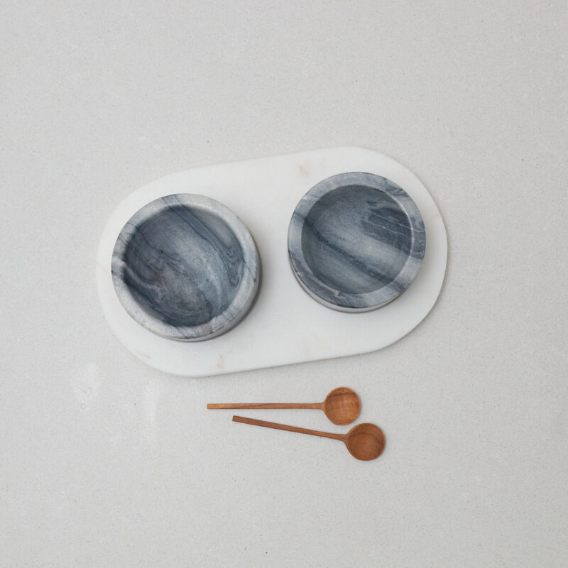 White & Gray Marble Cellars with Spoons & Tray
