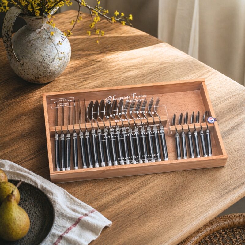 Laguiole 24 Piece Flatware Set, Black in Wood Box with Acrylic Lid
