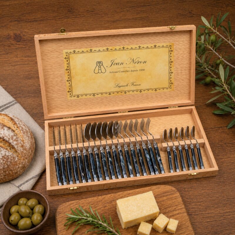 Laguiole 24 Piece Flatware Set, Black Marble in Wood Presentation Box