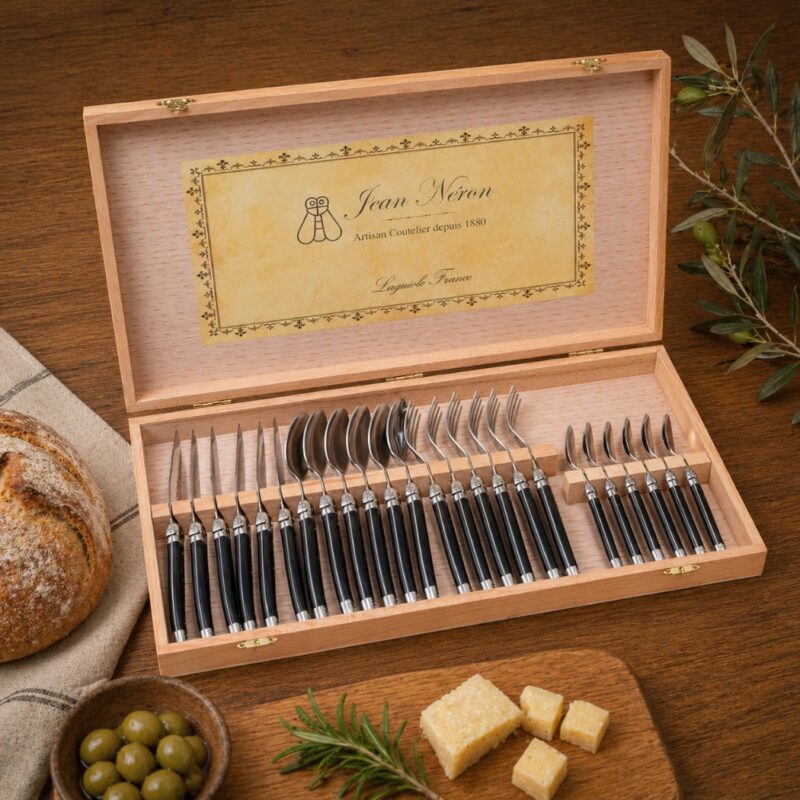 Laguiole 24 Piece Flatware Set, Black in Wood Presentation Box