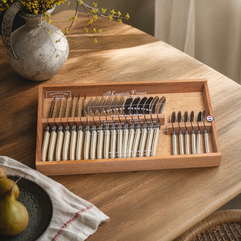 Laguiole 24 Piece Flatware Set, Ivory in Wood Box with Acrylic Lid