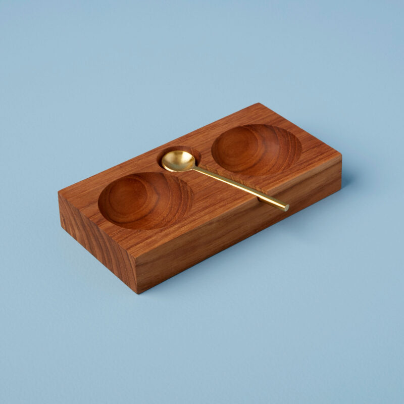 Teak Plank Salt & Pepper Cellar with Gold Spoon - Image 2