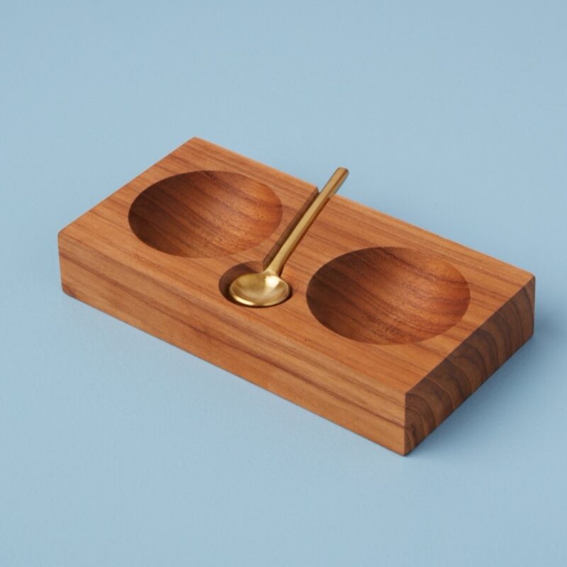 Teak Plank Salt & Pepper Cellar with Gold Spoon - Image 4