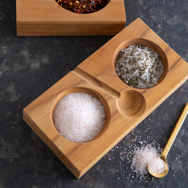 Teak Plank Salt & Pepper Cellar with Gold Spoon - Image 3