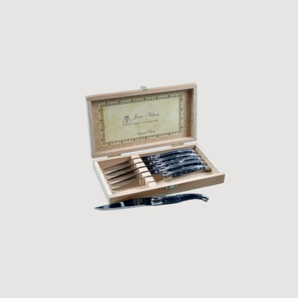 Laguiole 6 Piece Steak Knife Set, Platine Black Marble in Wood Presentation Box