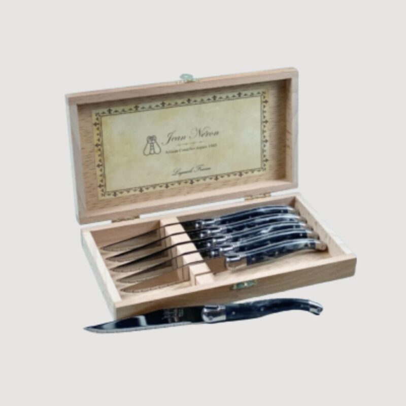 Laguiole 6 Piece Steak Knife Set, Platine Black Marble in Wood Presentation Box