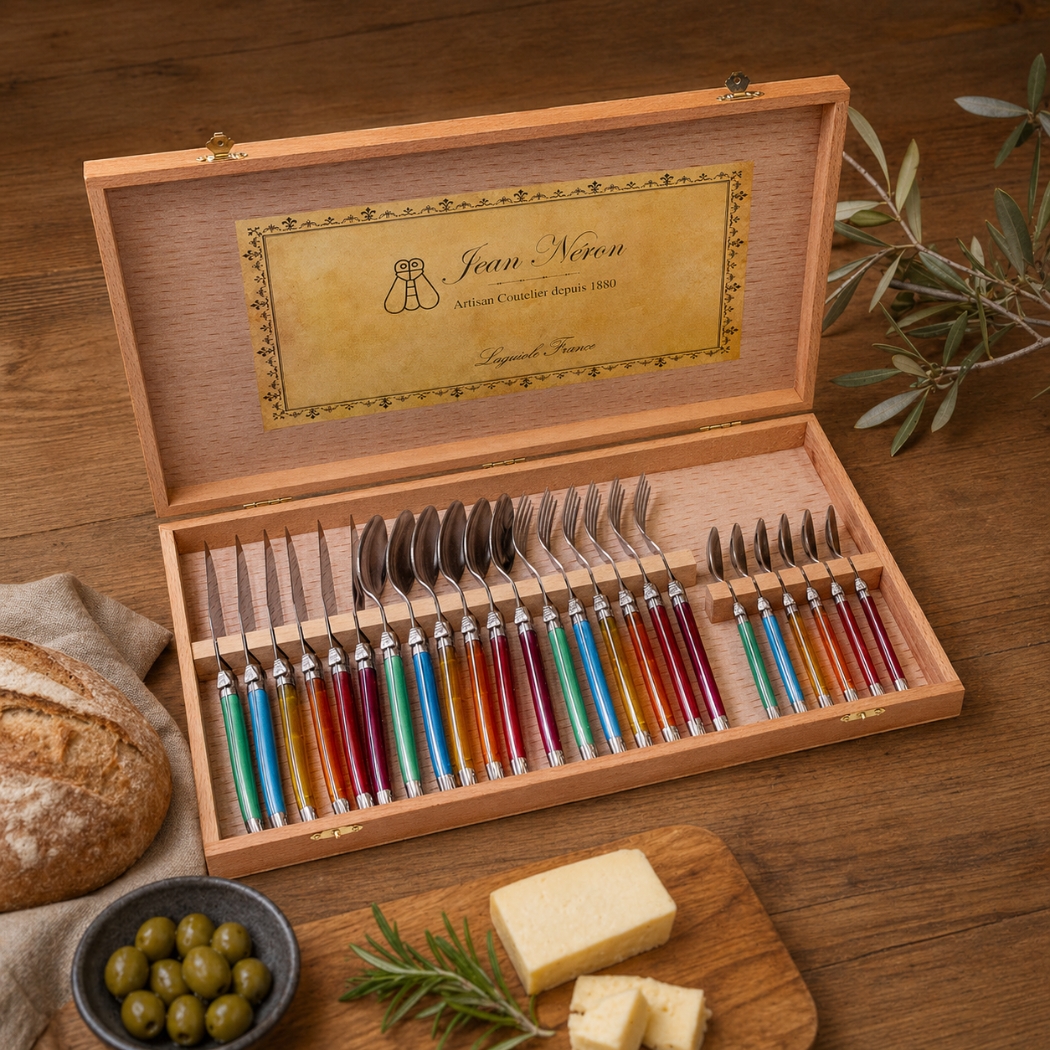 Set de 24 Couverts Laguiole, Arc-en-Ciel dans Boîte de Présentation en Bois