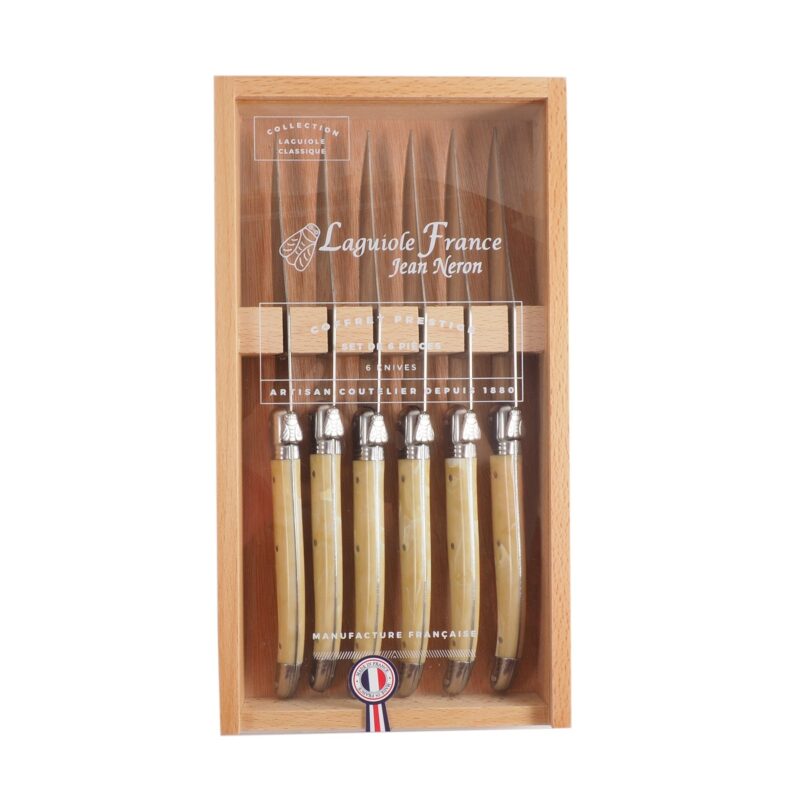 Laguiole 6 Piece Steak Knife Set, Pale Horn in Wood Box with Acrylic Lid