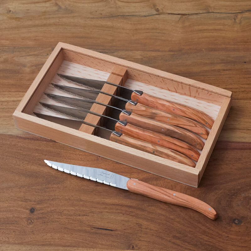 Set de 6 Couteaux à Steak Laguiole, Bois d'Olivier dans Boîte en Bois avec Couvercle en Acrylique