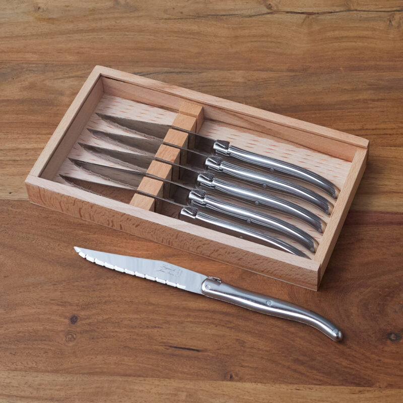 Set de 6 Couteaux à Steak Laguiole, Acier Inoxydable dans Boîte en Bois avec Couvercle en Acrylique