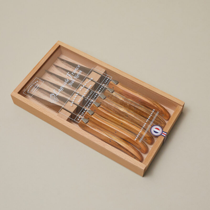 Laguiole 6 Piece Steak Knife Set, Olivewood in Wood Box with Acrylic Lid - Image 2