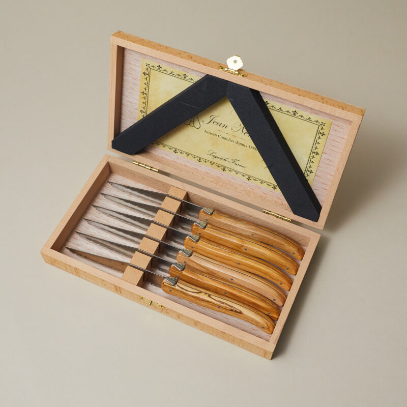 Set de 6 Couteaux à Steak Laguiole, Bois d'Olivier dans Boîte de Présentation en Bois
