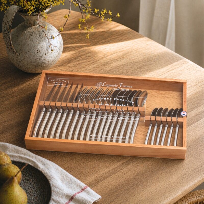 Laguiole 24 Piece Flatware Set, Platine Ivory in Wood Box with Acrylic Lid