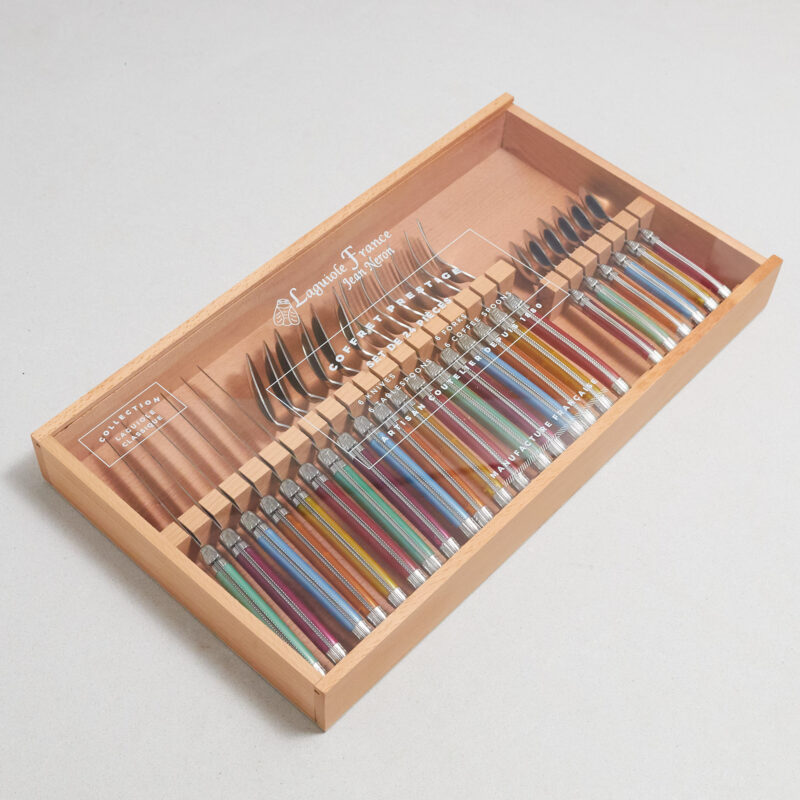 Service de couverts Laguiole 24 pièces, Platine Rainbow dans boîte en bois avec couvercle en acrylique