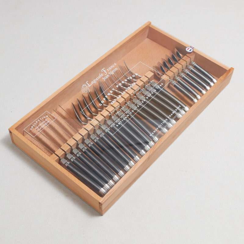Service de Couverts Laguiole 24 Pièces, Platine Noir dans Coffret Bois avec Couvercle Acrylique