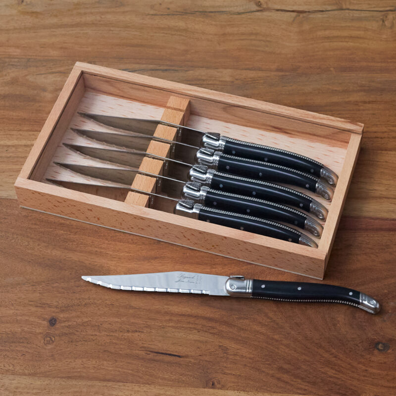 Set de 6 Couteaux à Steak Laguiole, Platine Noir dans Boîte en Bois avec Couvercle en Acrylique