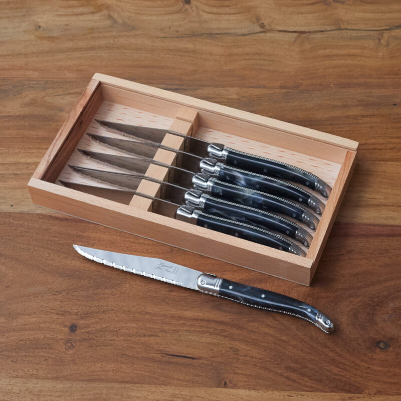 Set de 6 Couteaux à Steak Laguiole, Platine Noir Marbré dans Boîte en Bois avec Couvercle en Acrylique