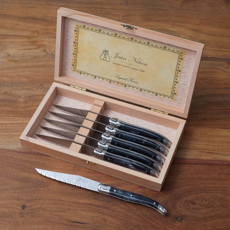 Set de 6 Couteaux à Steak Laguiole, Platine Noir Marbré dans Boîte de Présentation en Bois
