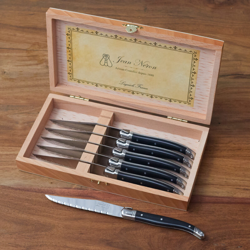 Set de 6 Couteaux à Steak Laguiole, Platine Noir dans Boîte de Présentation en Bois
