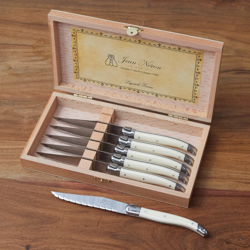 Set de 6 Couteaux à Steak Laguiole, Platine Ivoire dans Boîte de Présentation en Bois