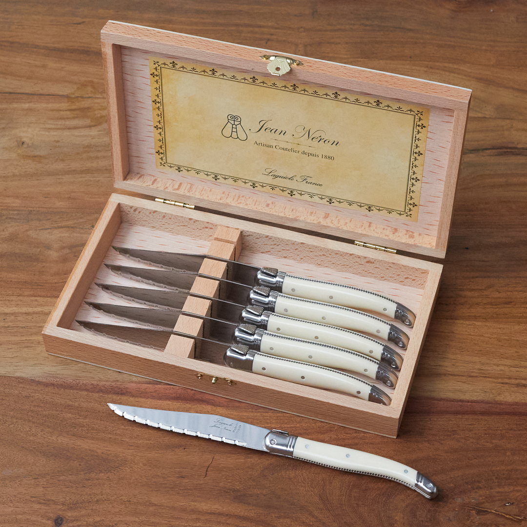 Set de 6 Couteaux à Steak Laguiole, Platine Ivoire dans Boîte de Présentation en Bois