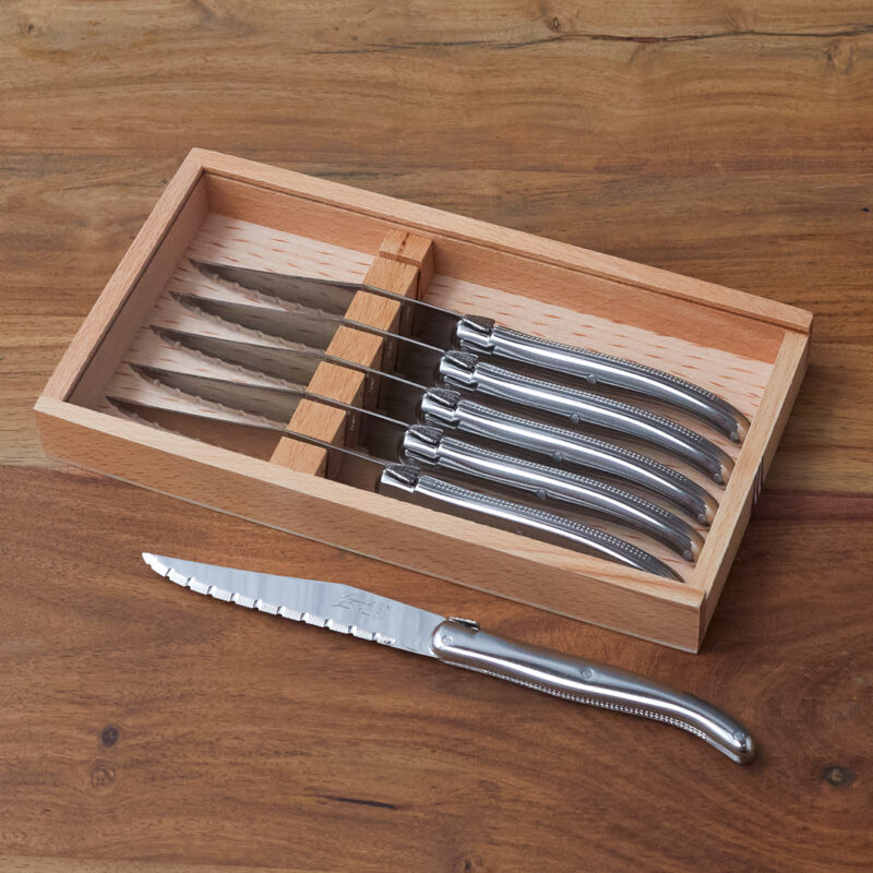 Set de 6 Couteaux à Steak Laguiole, Platine Acier Inoxydable dans Boîte en Bois avec Couvercle en Acrylique