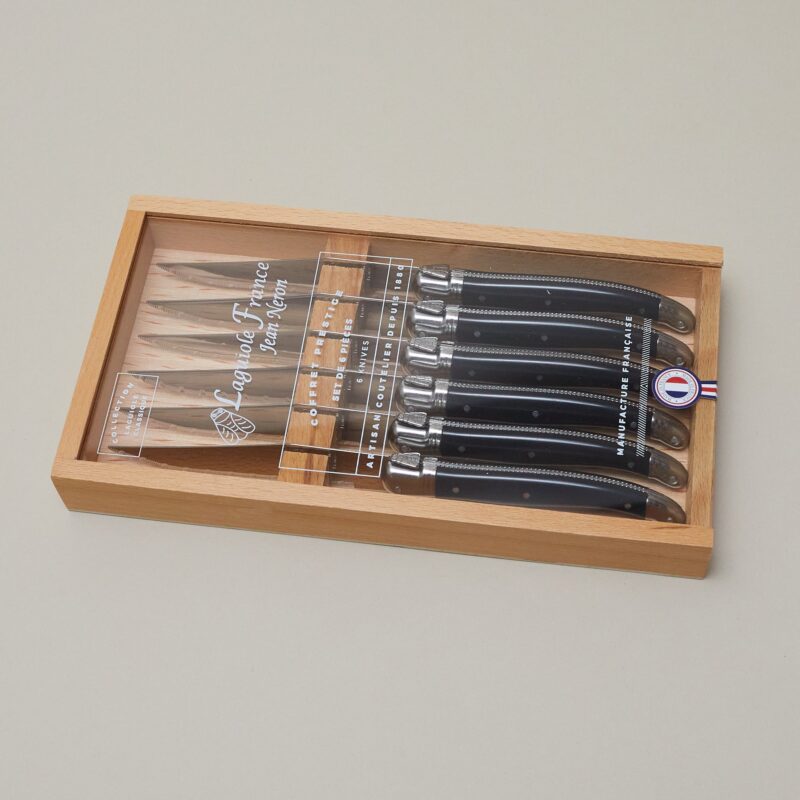 Laguiole 6 Piece Steak Knife Set, Platine Black in Wood Box with Acrylic Lid - Image 2