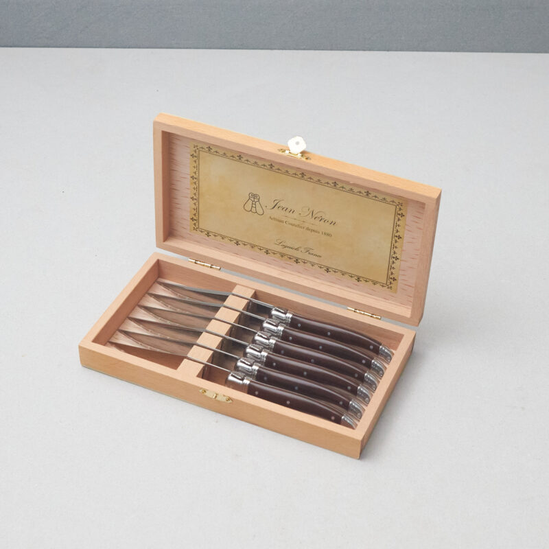 Laguiole 6 Piece Steak Knife Set, Brown in Wood Box with Presentation Box
