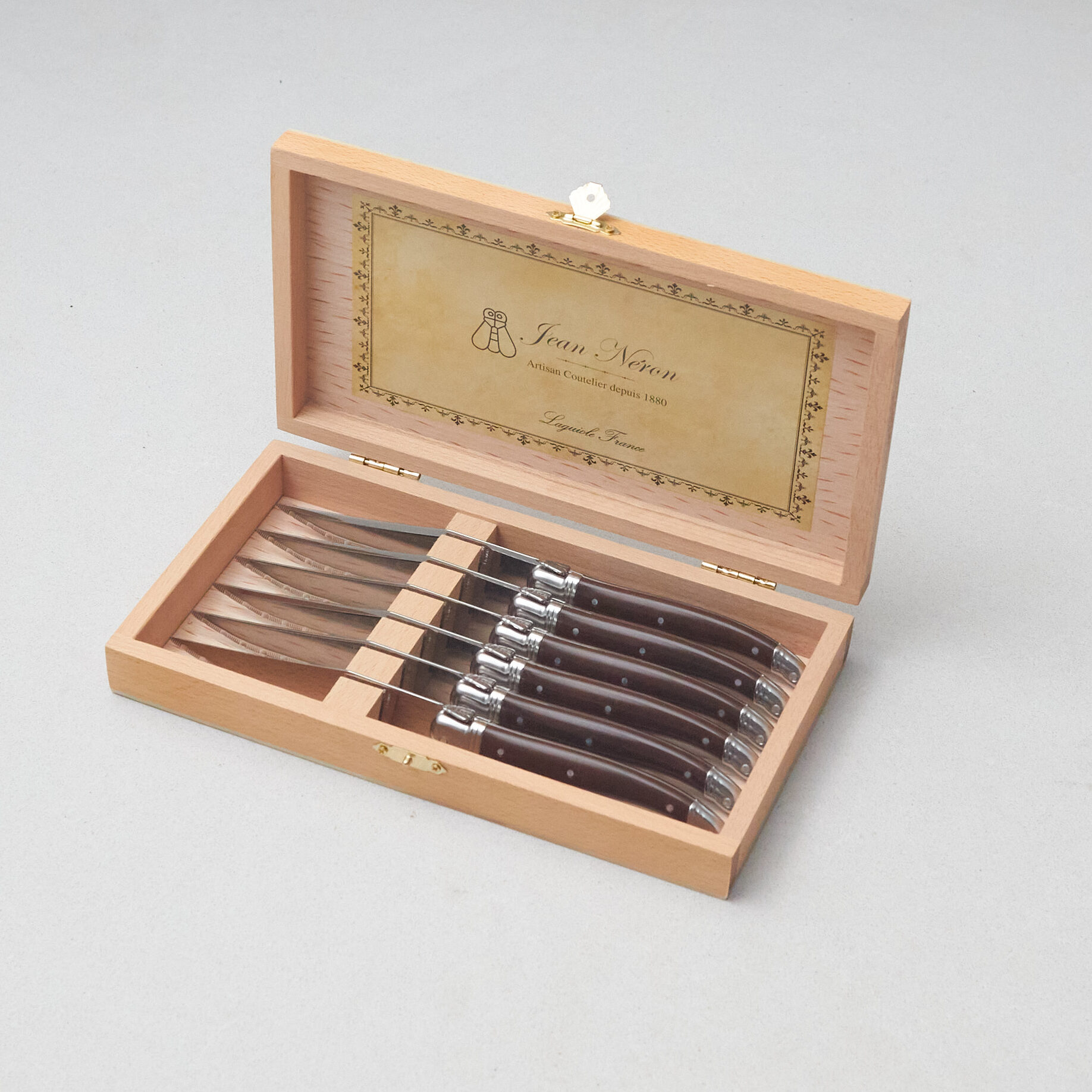 Laguiole 6 Piece Steak Knife Set, Brown in Wood Box with Presentation Box