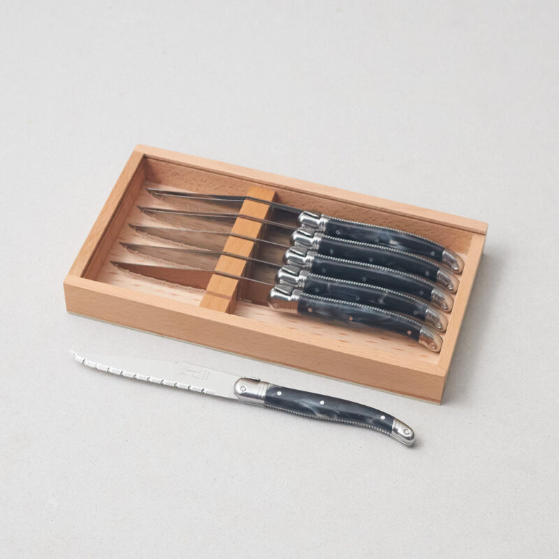 Set de 6 Couteaux à Steak Laguiole, Platine Noir Marbré dans Boîte de Présentation en Bois