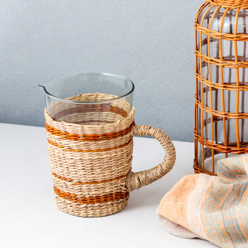 Seagrass Cage Pitcher With Brown Stripe - Image 2