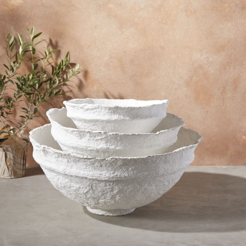 Koi Paper Mache Bowls, Set of 3, White - Image 2