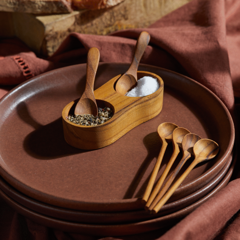 Teak Salt & Pepper Cellar with Spoons - Image 2