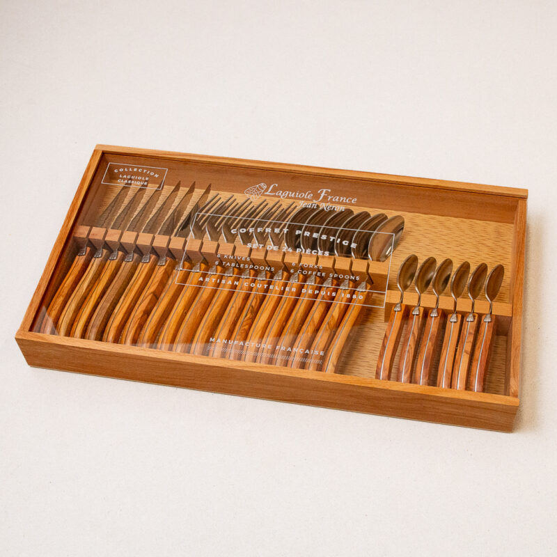 Set de 24 Couverts Laguiole, Bois d'Olivier dans Boîte en Bois avec Couvercle en Acrylique