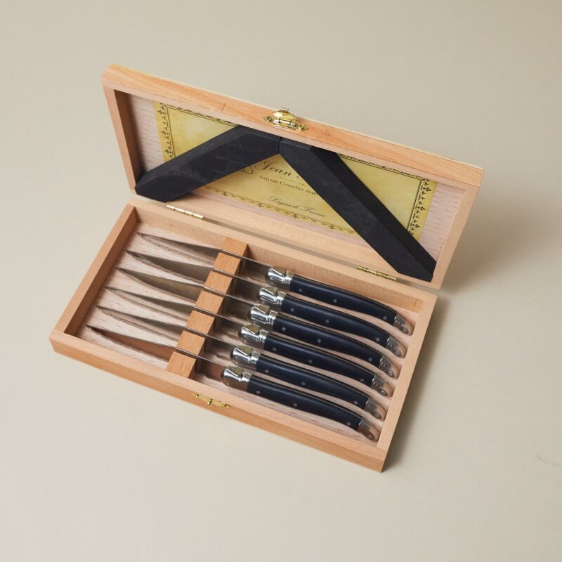 Set de 6 Couteaux à Steak Laguiole, Noir dans Boîte de Présentation en Bois