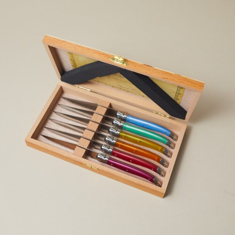 Laguiole 6 Piece Steak Knife Set, Rainbow in Wood Presentation Box