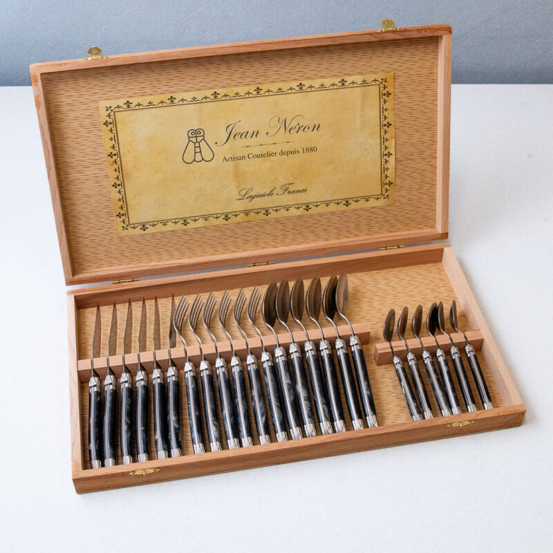 Set de 24 Couverts Laguiole, Platine Noir Marbré dans Boîte de Présentation en Bois
