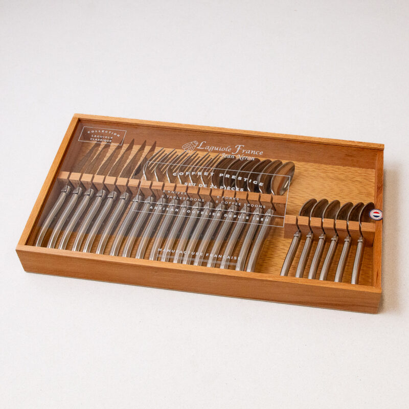 Service de couverts Laguiole 24 pièces, acier inoxydable dans un coffret en bois avec couvercle en acrylique